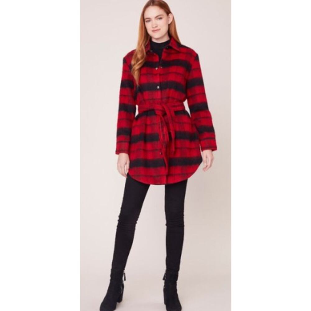 BB‎ Dakota Wild & Wooly Plaid Coat Womens Small Red Black Wool Blend Belted NWT